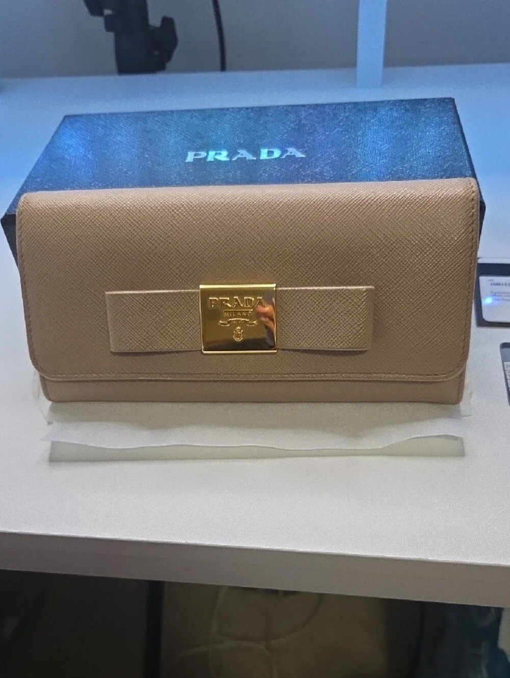 Prada Beige Saffiano Fiocco  Bow-Accent Wallet with Gold Plaque